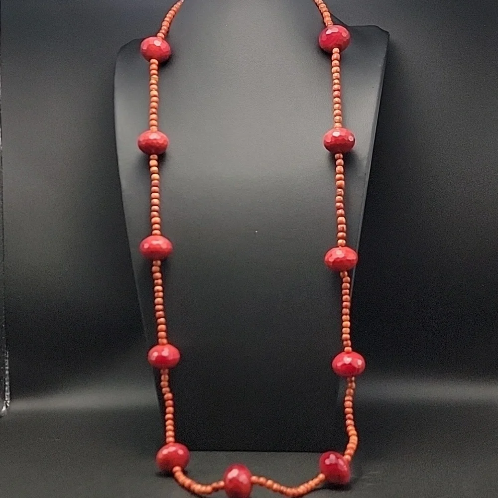 Elegant Sponge Coral 19mm Faceted Red Swirl Glass Beaded Long Draping Necklace